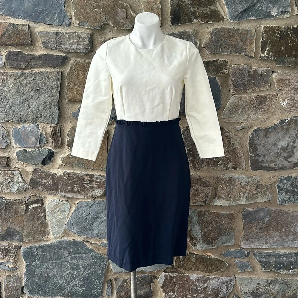 J. Crew 365 3/4 Sleeve Sheath 'Combo Dress' in Ivory White & Navy Blue Size 4